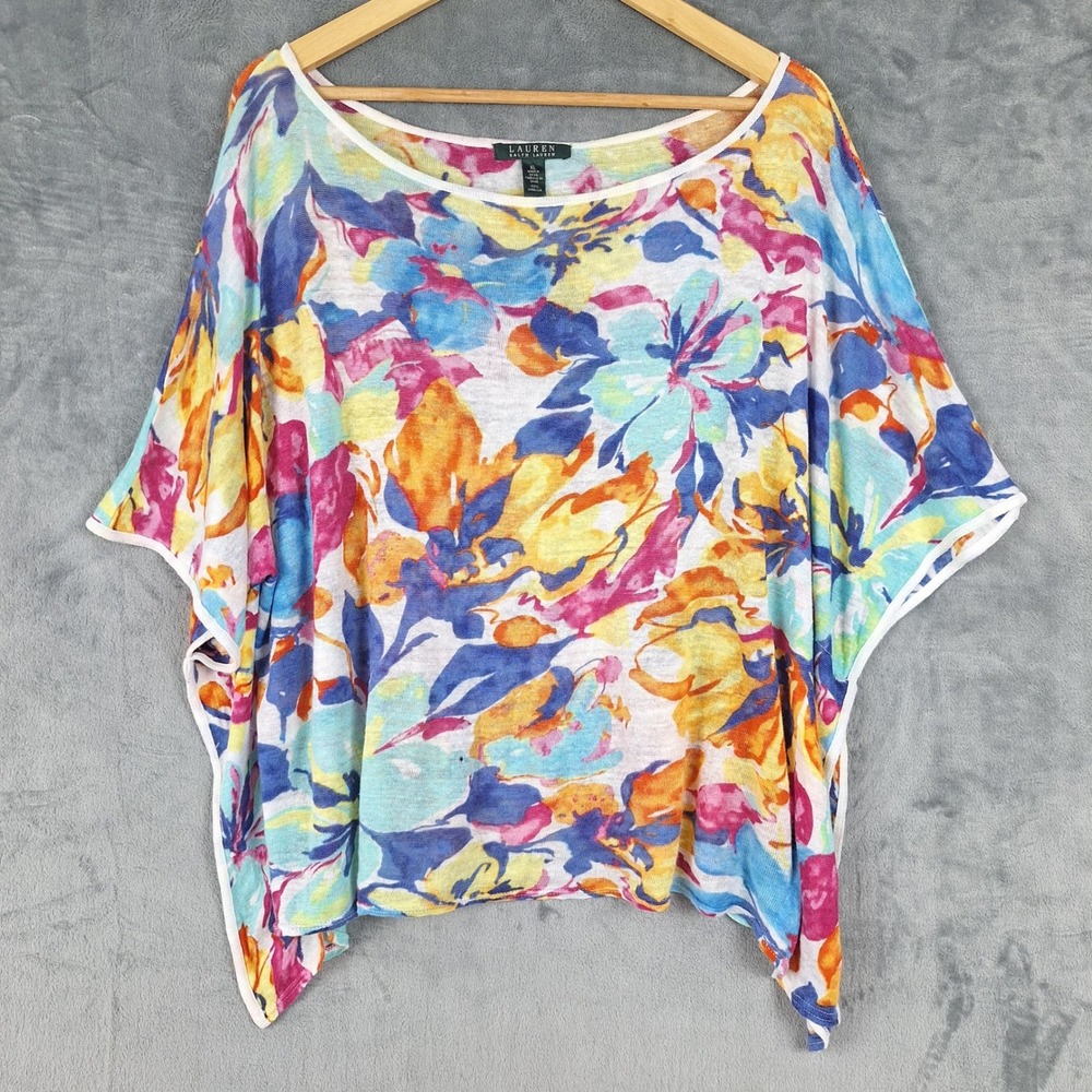 Lauren Ralph Lauren Top XL Linen Floral Watercolor Beach Coastal Maximalist